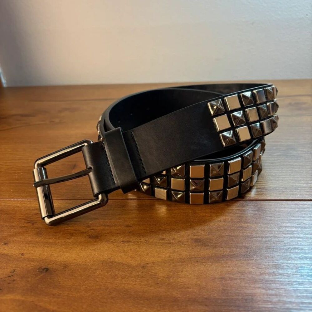 Vtg Y2K 3 Row Studded Belt Black Faux Leather Pyramid Stud Punk Mall Goth Emo